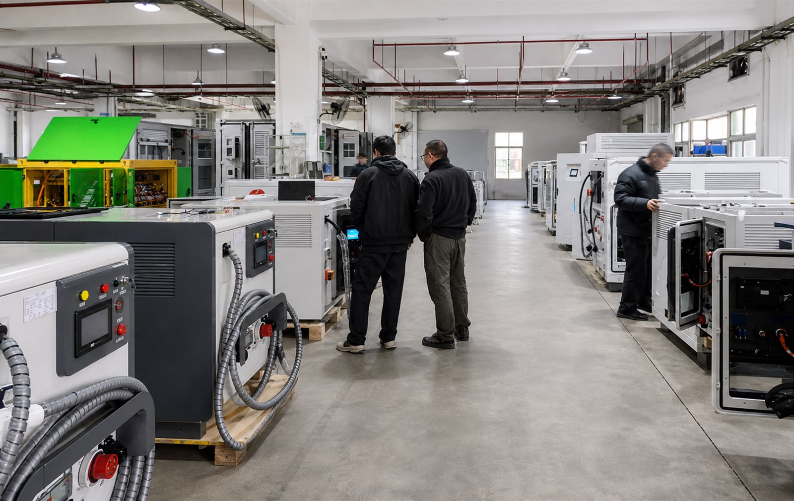 LiCharger mobile EV charging engineers inspecting equipment in the factory workshop